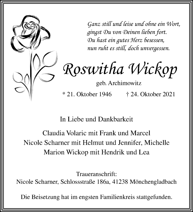  Traueranzeige für Roswitha Wickop vom 31.10.2021 aus trauer.extra-tipp-moenchengladbach.de