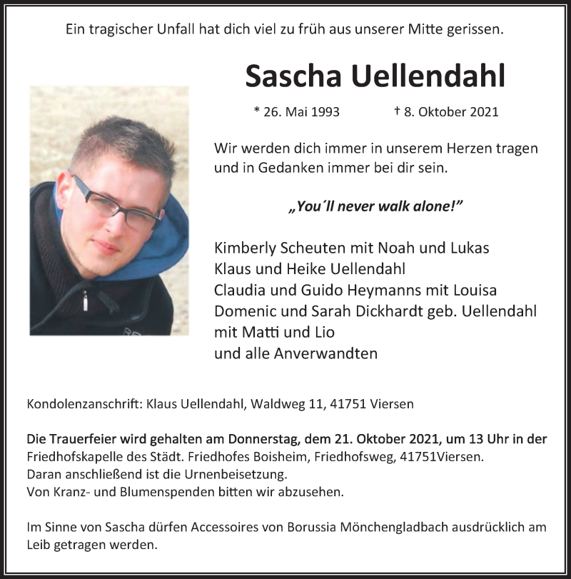  Traueranzeige für Sascha Uellendahl vom 17.10.2021 aus trauer.extra-tipp-moenchengladbach.de