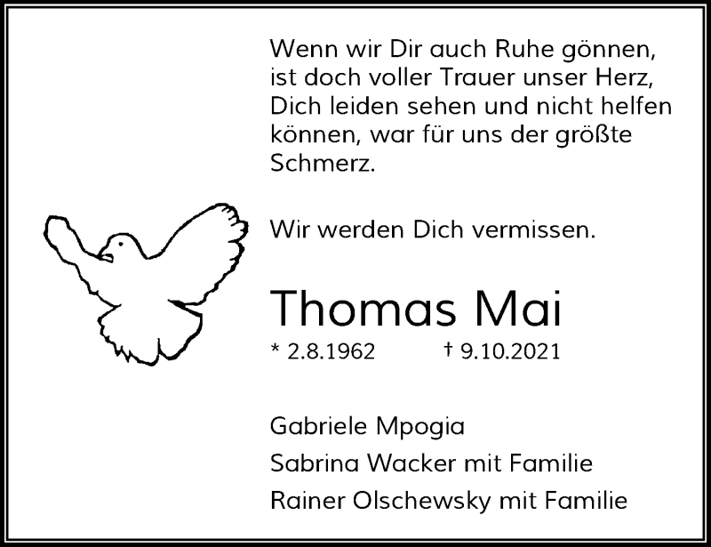 Traueranzeige für Thomas Mai vom 15.10.2021 aus trauer.duesseldorfer-anzeiger.de