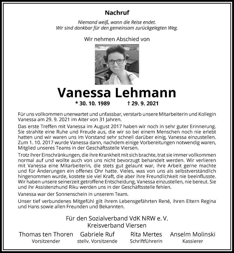  Traueranzeige für Vanessa Lehmann vom 03.10.2021 aus trauer.extra-tipp-moenchengladbach.de