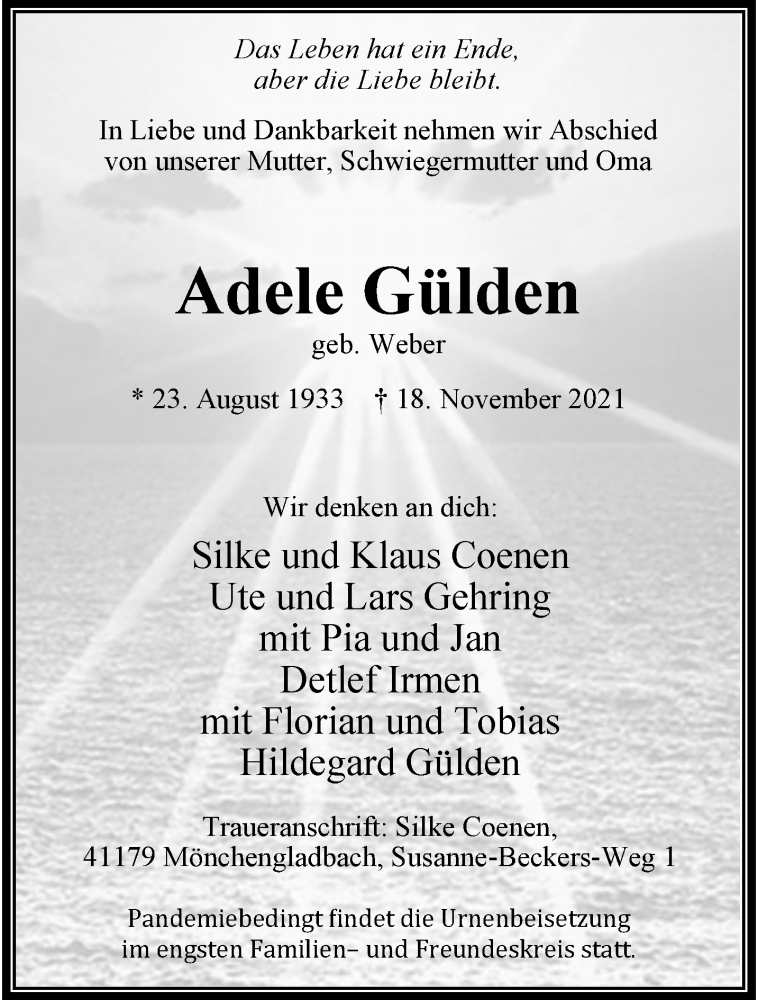  Traueranzeige für Adele Gülden vom 28.11.2021 aus trauer.extra-tipp-moenchengladbach.de