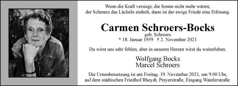  Traueranzeige für Carmen Schroers-Bocks vom 14.11.2021 aus trauer.extra-tipp-moenchengladbach.de