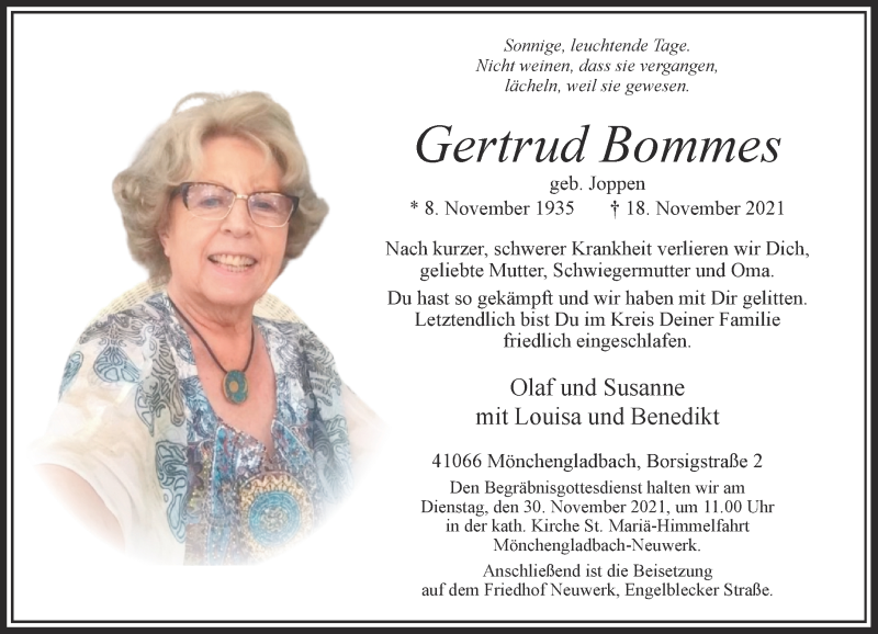  Traueranzeige für Gertrud Bommes vom 28.11.2021 aus trauer.extra-tipp-moenchengladbach.de