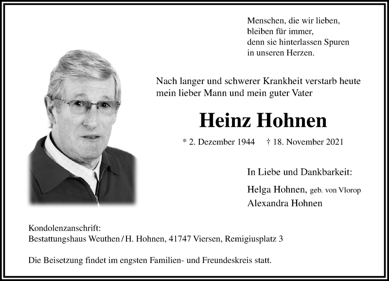  Traueranzeige für Heinz Hohnen vom 28.11.2021 aus trauer.extra-tipp-moenchengladbach.de