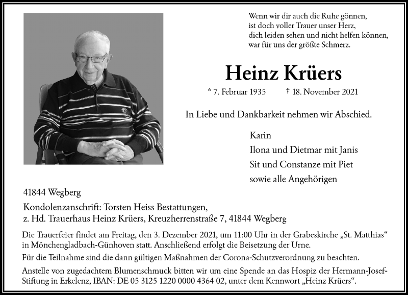  Traueranzeige für Heinz Krüers vom 28.11.2021 aus trauer.extra-tipp-moenchengladbach.de