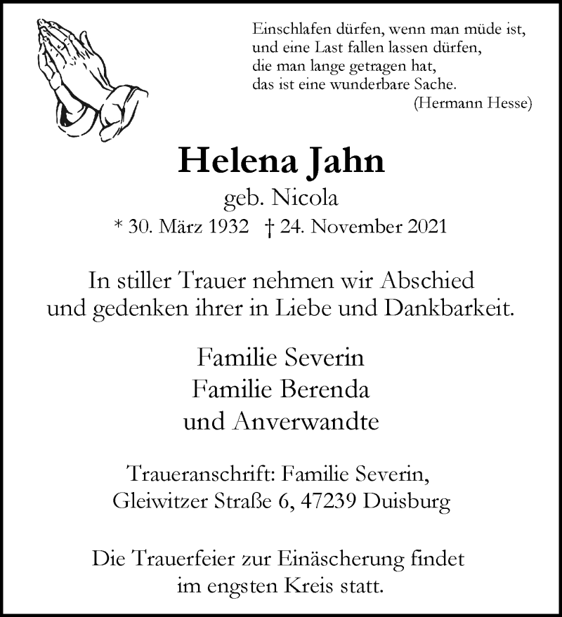  Traueranzeige für Helena Jahn vom 28.11.2021 aus trauer.mein.krefeld.de