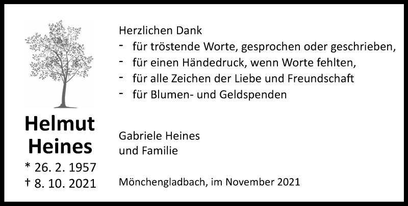  Traueranzeige für Helmut Heines vom 21.11.2021 aus trauer.extra-tipp-moenchengladbach.de