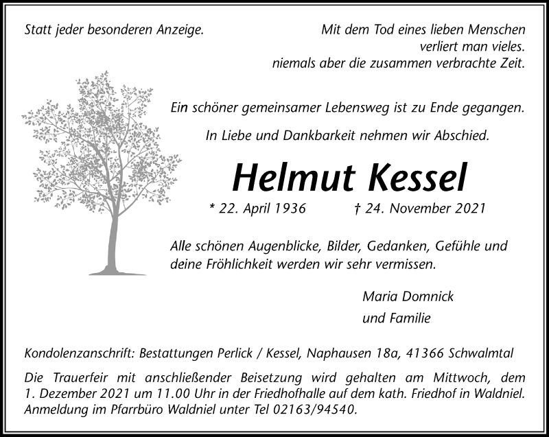  Traueranzeige für Helmut Kessel vom 28.11.2021 aus trauer.extra-tipp-moenchengladbach.de