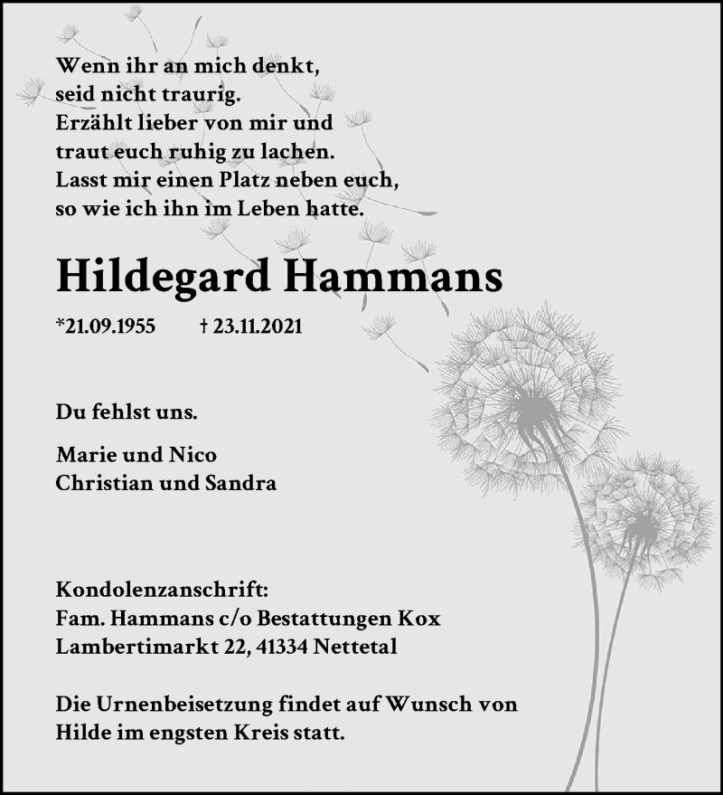  Traueranzeige für Hildegard Hammans vom 28.11.2021 aus trauer.extra-tipp-moenchengladbach.de