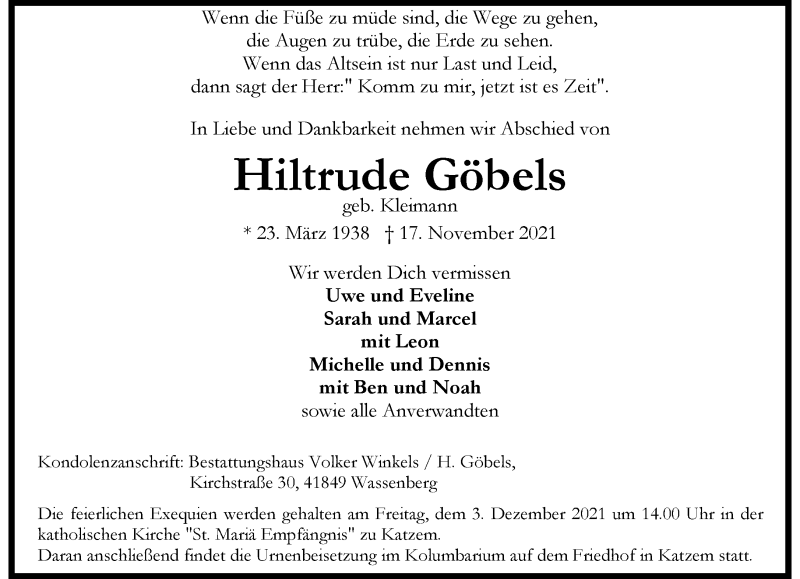  Traueranzeige für Hiltrude Göbels vom 28.11.2021 aus trauer.extra-tipp-moenchengladbach.de
