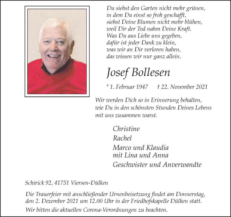  Traueranzeige für Josef Bollesen vom 28.11.2021 aus trauer.extra-tipp-moenchengladbach.de