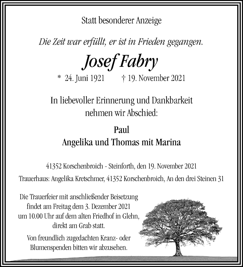  Traueranzeige für Josef Fabry vom 28.11.2021 aus trauer.extra-tipp-moenchengladbach.de