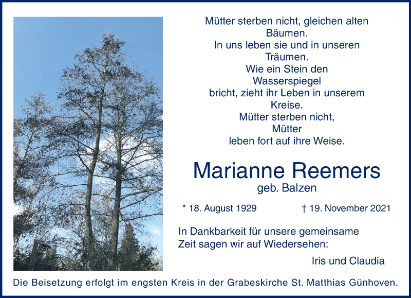  Traueranzeige für Marianne Reemers vom 28.11.2021 aus trauer.extra-tipp-moenchengladbach.de