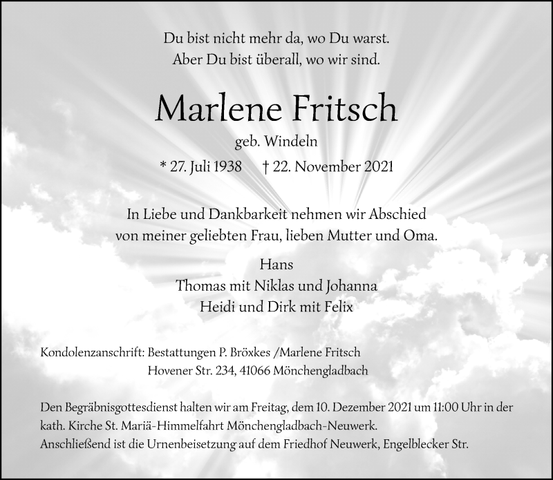  Traueranzeige für Marlene Fritsch vom 28.11.2021 aus trauer.extra-tipp-moenchengladbach.de