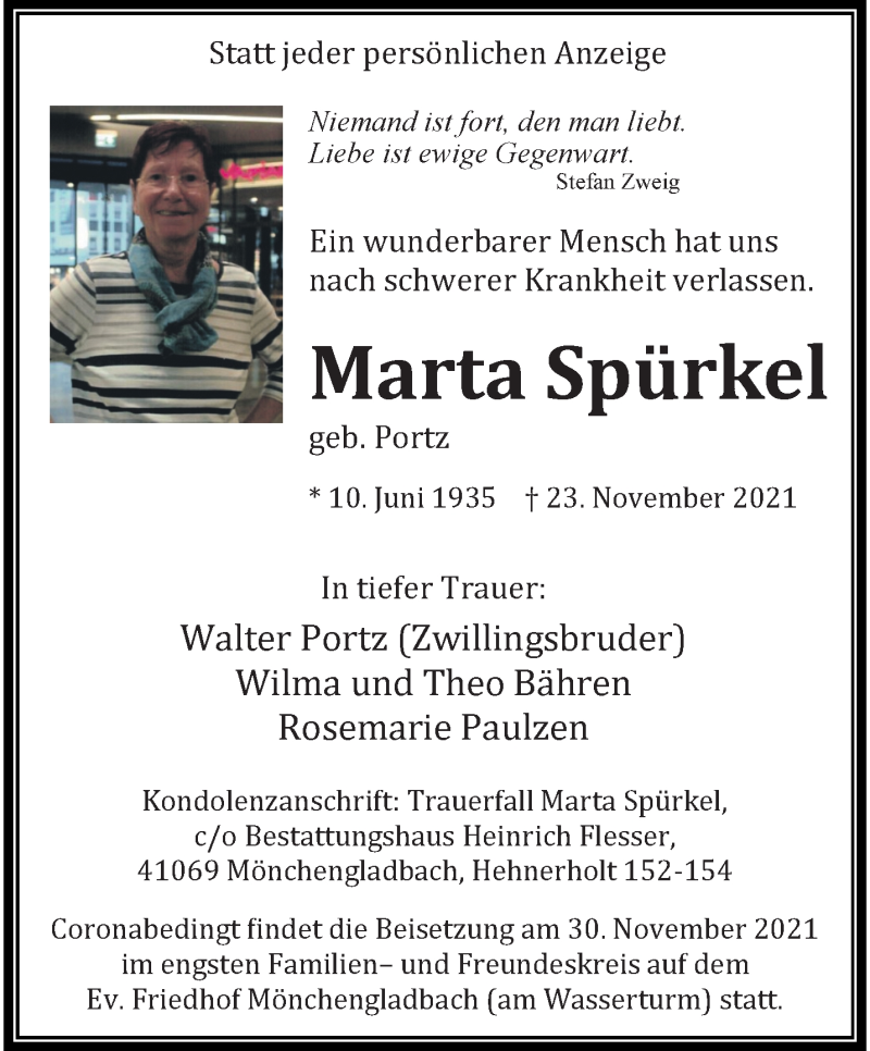  Traueranzeige für Marta Spürkel vom 28.11.2021 aus trauer.extra-tipp-moenchengladbach.de
