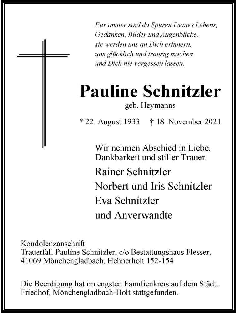  Traueranzeige für Pauline Schnitzler vom 28.11.2021 aus trauer.extra-tipp-moenchengladbach.de
