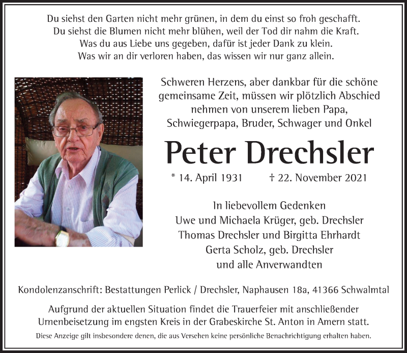  Traueranzeige für Peter Drechsler vom 28.11.2021 aus trauer.extra-tipp-moenchengladbach.de