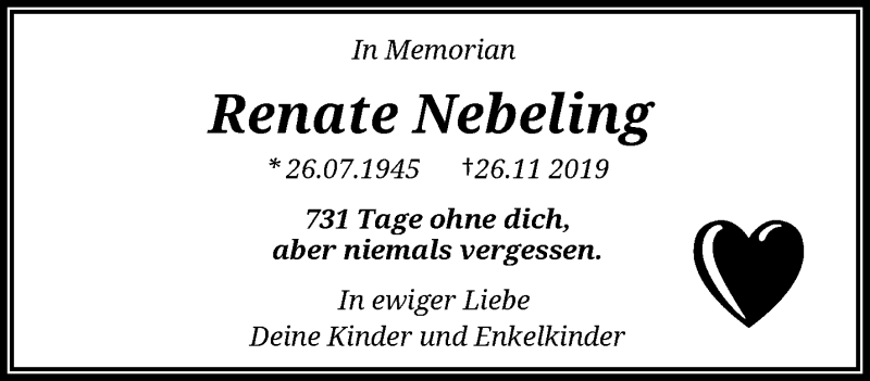 Traueranzeige für Renate Nebeling vom 27.11.2021 aus trauer.wuppertaler-rundschau.de