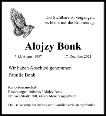 Traueranzeige von Alojzy Bonk von trauer.extra-tipp-moenchengladbach.de