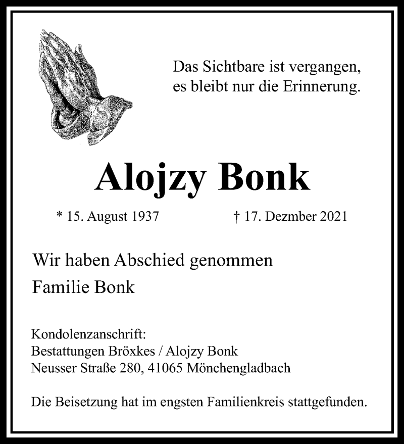  Traueranzeige für Alojzy Bonk vom 09.01.2022 aus trauer.extra-tipp-moenchengladbach.de