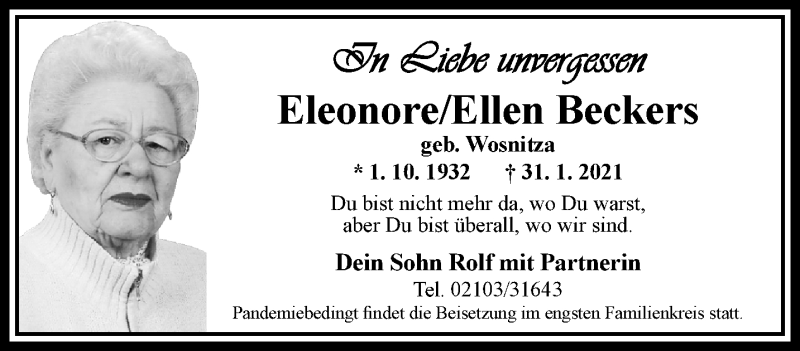  Traueranzeige für Eleonore Beckers vom 26.02.2021 aus trauer.duesseldorfer-anzeiger.de