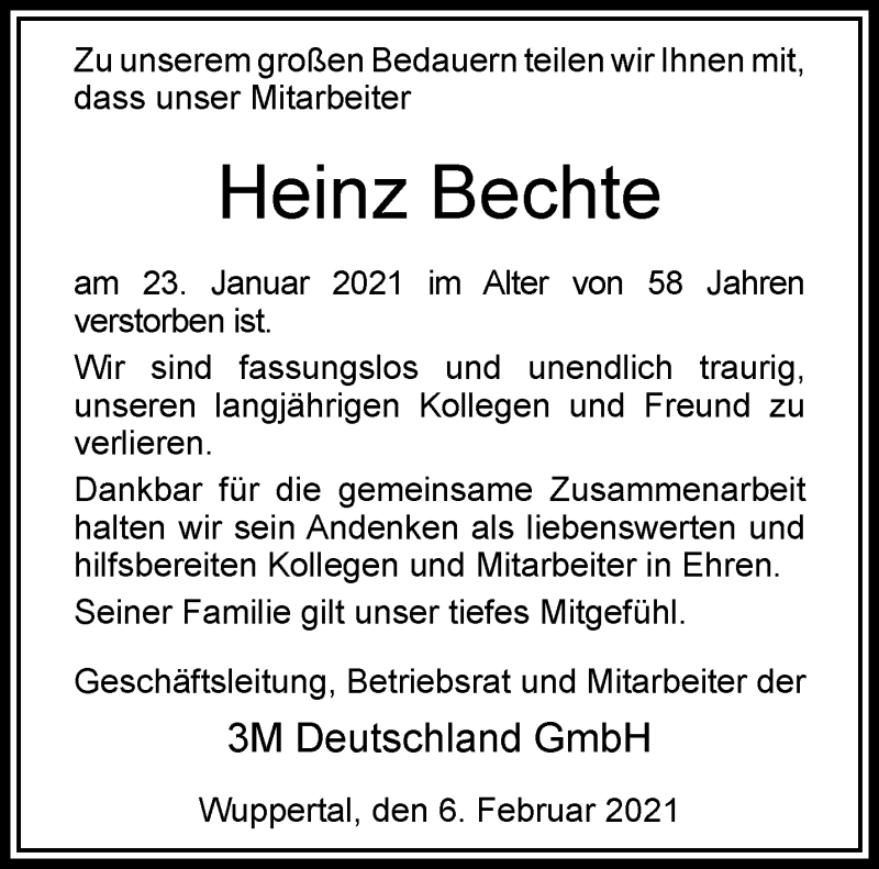  Traueranzeige für Heinz Bechte vom 06.02.2021 aus trauer.wuppertaler-rundschau.de