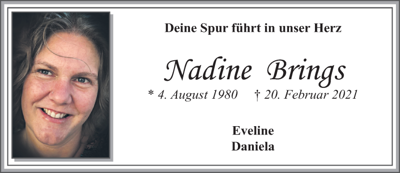  Traueranzeige für Nadine Brings vom 28.02.2021 aus trauer.extra-tipp-moenchengladbach.de