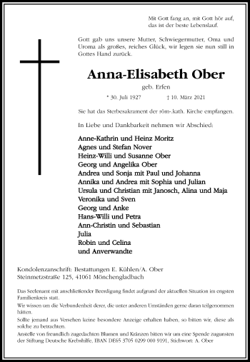 Traueranzeige von Anna-Elisabeth Ober von trauer.extra-tipp-moenchengladbach.de
