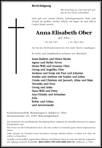 Traueranzeige von Anna-Elisabeth Ober von trauer.extra-tipp-moenchengladbach.de