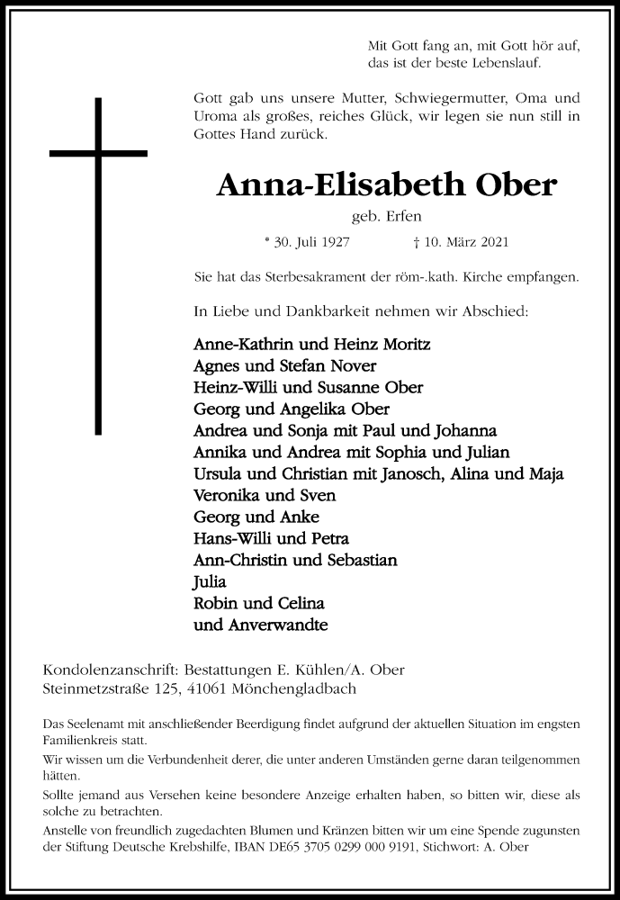  Traueranzeige für Anna-Elisabeth Ober vom 14.03.2021 aus trauer.extra-tipp-moenchengladbach.de