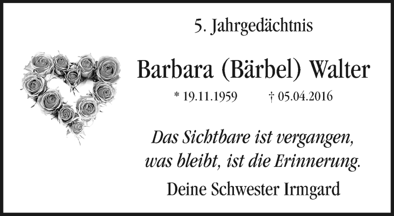  Traueranzeige für Barbara  Walter vom 04.04.2021 aus trauer.mein.krefeld.de