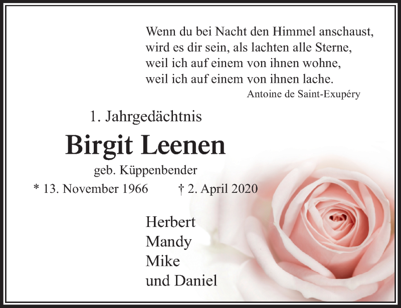  Traueranzeige für Birgit Leenen vom 04.04.2021 aus trauer.extra-tipp-moenchengladbach.de
