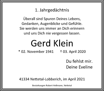 Traueranzeige von Gerd Klein von trauer.extra-tipp-moenchengladbach.de