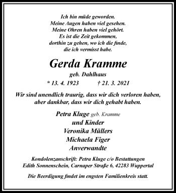 Traueranzeige von Gerda Kramme von trauer.wuppertaler-rundschau.de