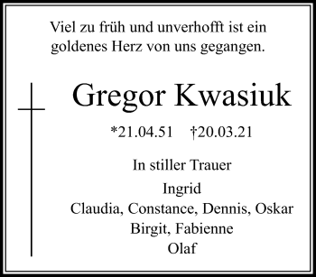 Traueranzeige von Gregor Kwasiuk von trauer.mein.krefeld.de