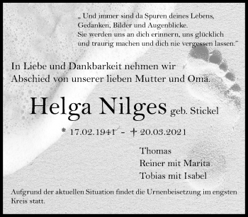 Traueranzeige von Helga Nilges von trauer.extra-tipp-moenchengladbach.de