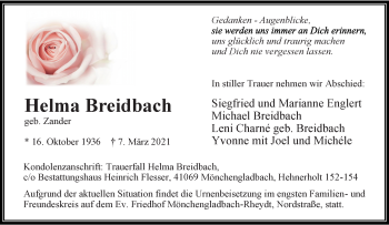Traueranzeige von Helma Breidbach von trauer.extra-tipp-moenchengladbach.de