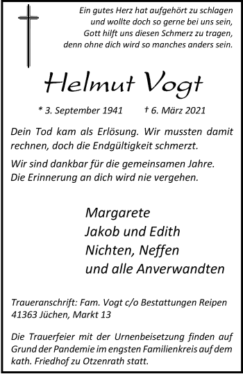 Traueranzeige von Helmut Vogt von trauer.stadt-kurier.de
