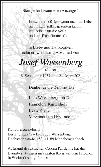Traueranzeige von Josef Wassenberg von trauer.extra-tipp-moenchengladbach.de
