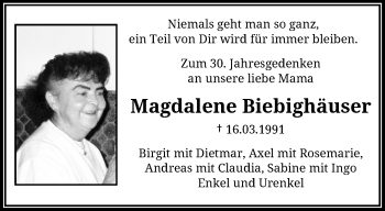 Traueranzeige von Magdalene Biebighäuser von trauer.wuppertaler-rundschau.de