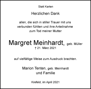 Traueranzeige von Margret Meinhardt von trauer.mein.krefeld.de
