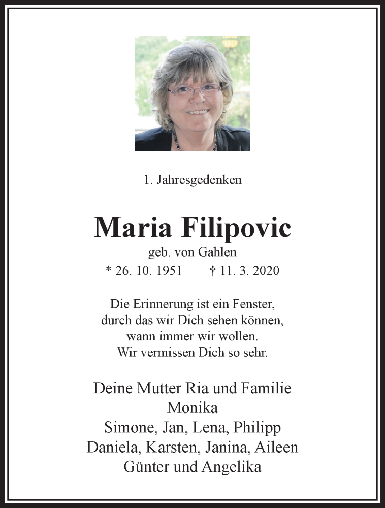  Traueranzeige für Maria Filipovic vom 13.03.2021 aus trauer.wuppertaler-rundschau.de