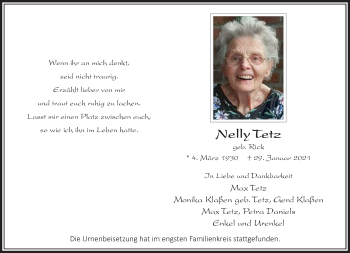 Traueranzeige von Nelly Tetz von trauer.extra-tipp-moenchengladbach.de