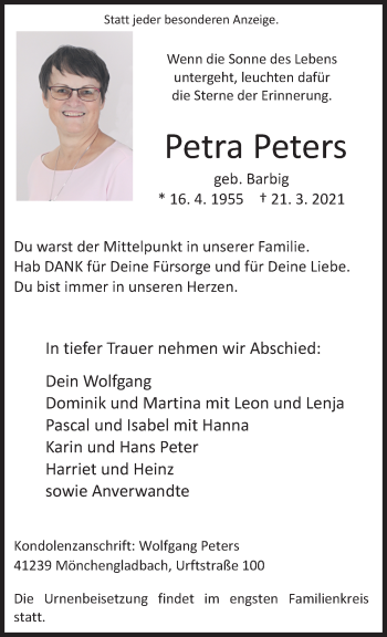 Traueranzeige von Petra Peters von trauer.extra-tipp-moenchengladbach.de