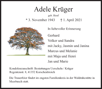 Traueranzeige von Adele Krüger von trauer.extra-tipp-moenchengladbach.de