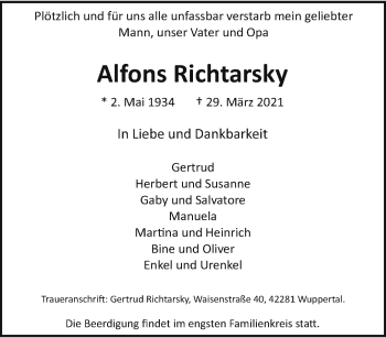Traueranzeige von Alfons Richtarsky von trauer.wuppertaler-rundschau.de