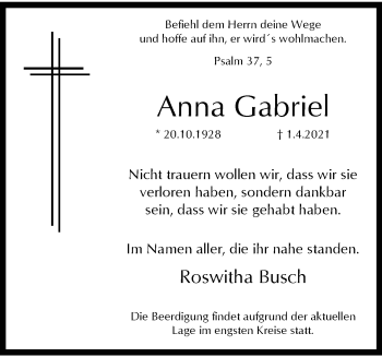 Traueranzeige von Anna Gabriel von trauer.wuppertaler-rundschau.de