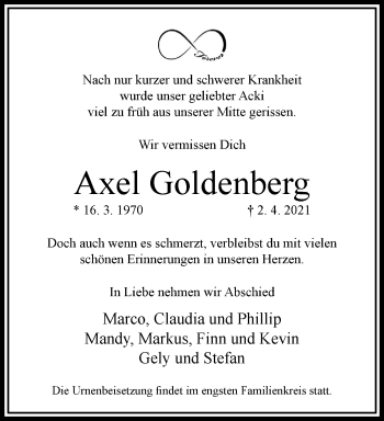 Traueranzeige von Axel Goldenberg von trauer.wuppertaler-rundschau.de