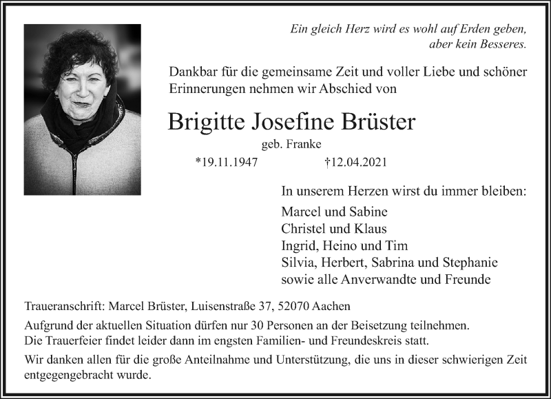  Traueranzeige für Brigitte Josefine Brüster vom 25.04.2021 aus trauer.extra-tipp-moenchengladbach.de