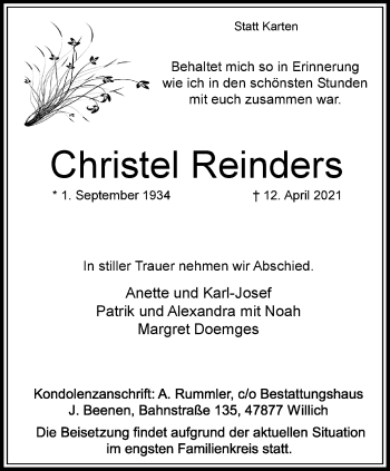 Traueranzeige von Christel Reinders von trauer.extra-tipp-moenchengladbach.de
